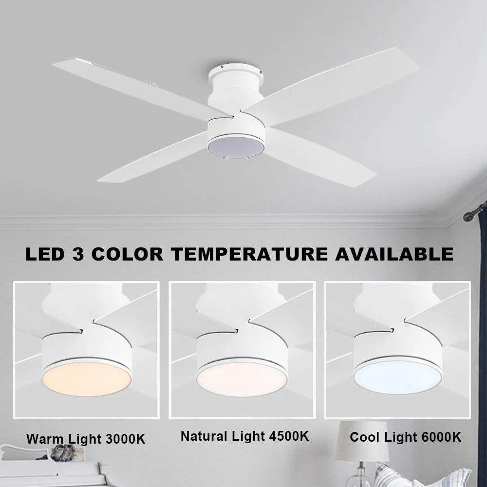 WINGBO 44/52 Inch Flush Mount DC Ceiling Fan with Lights and Remote, 4 Reversible Blades