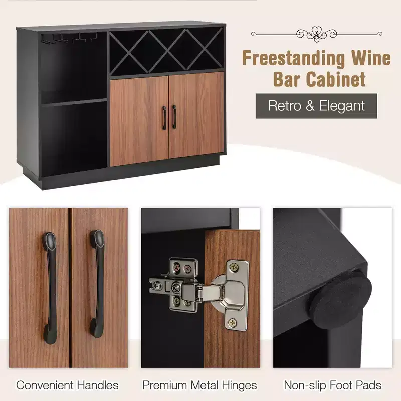 Industrial Wine Bar Cabinet Sideboard Buffet with Glass Holder & Adjustable Shelf, 45.5