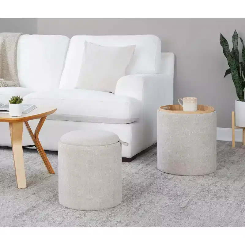 LumiSource Tray Nesting Ottoman Set Light Brown Fabric/Natural Wood