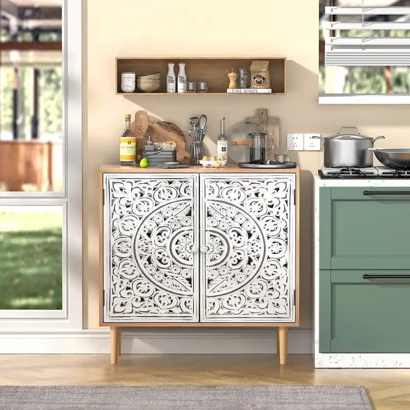 Anmytek 2-Door Hollow-Carved Wood Buffets and Sideboards Storage Cabinet for Living Room - 31.5W x 13.78D x 30.71H