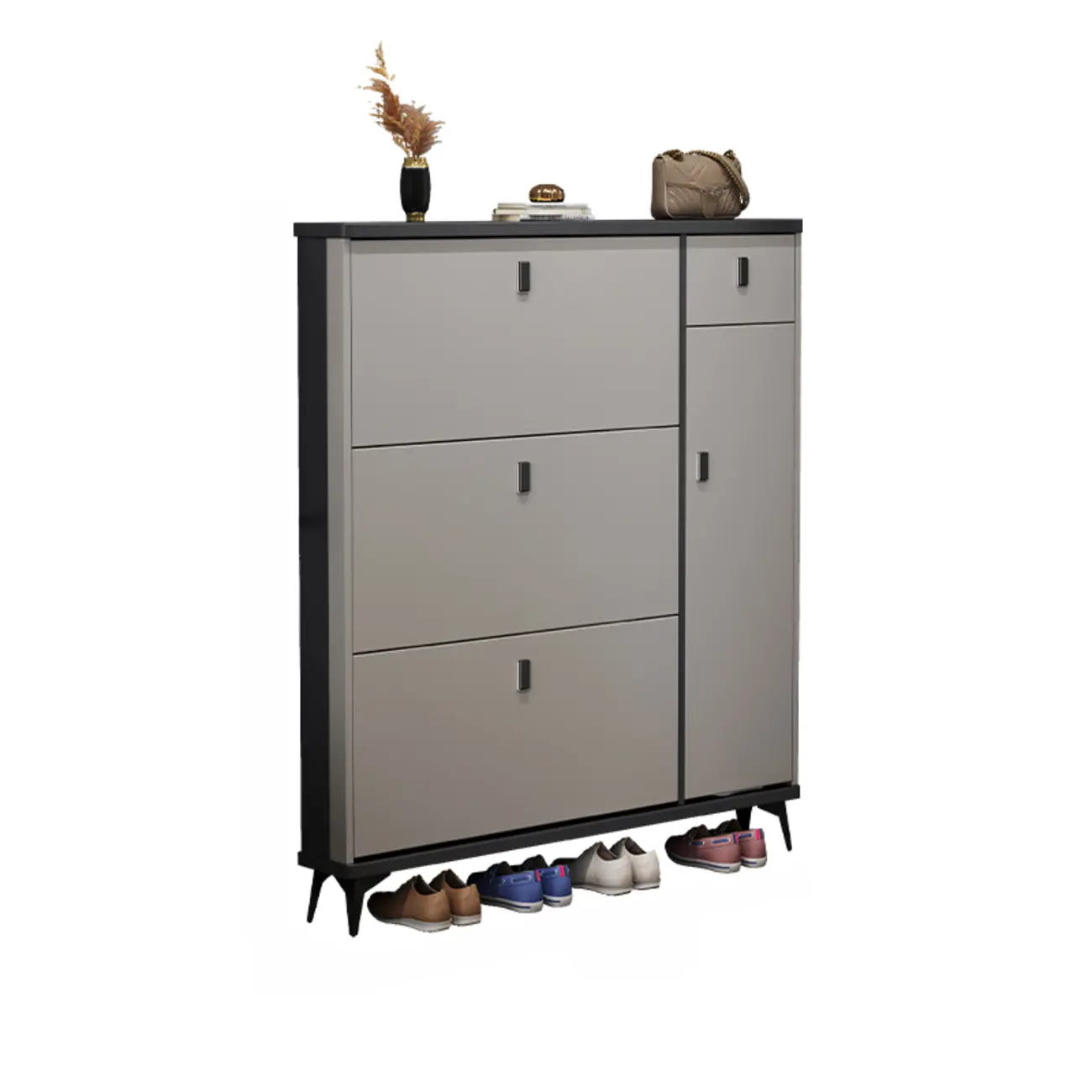 Narrow Sleek Gray Wood Shoe Cabinet with Drop-Front Door