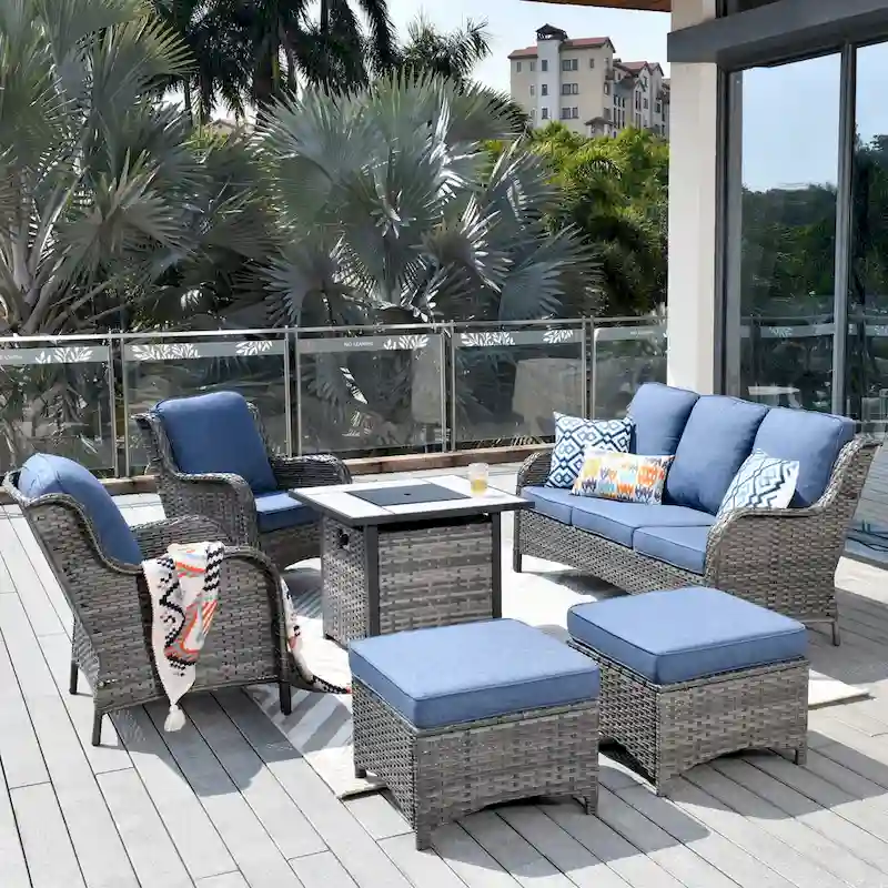 OVIOS Grey Wicker 6-piece Patio Furniture Set With 30  Fire Pit