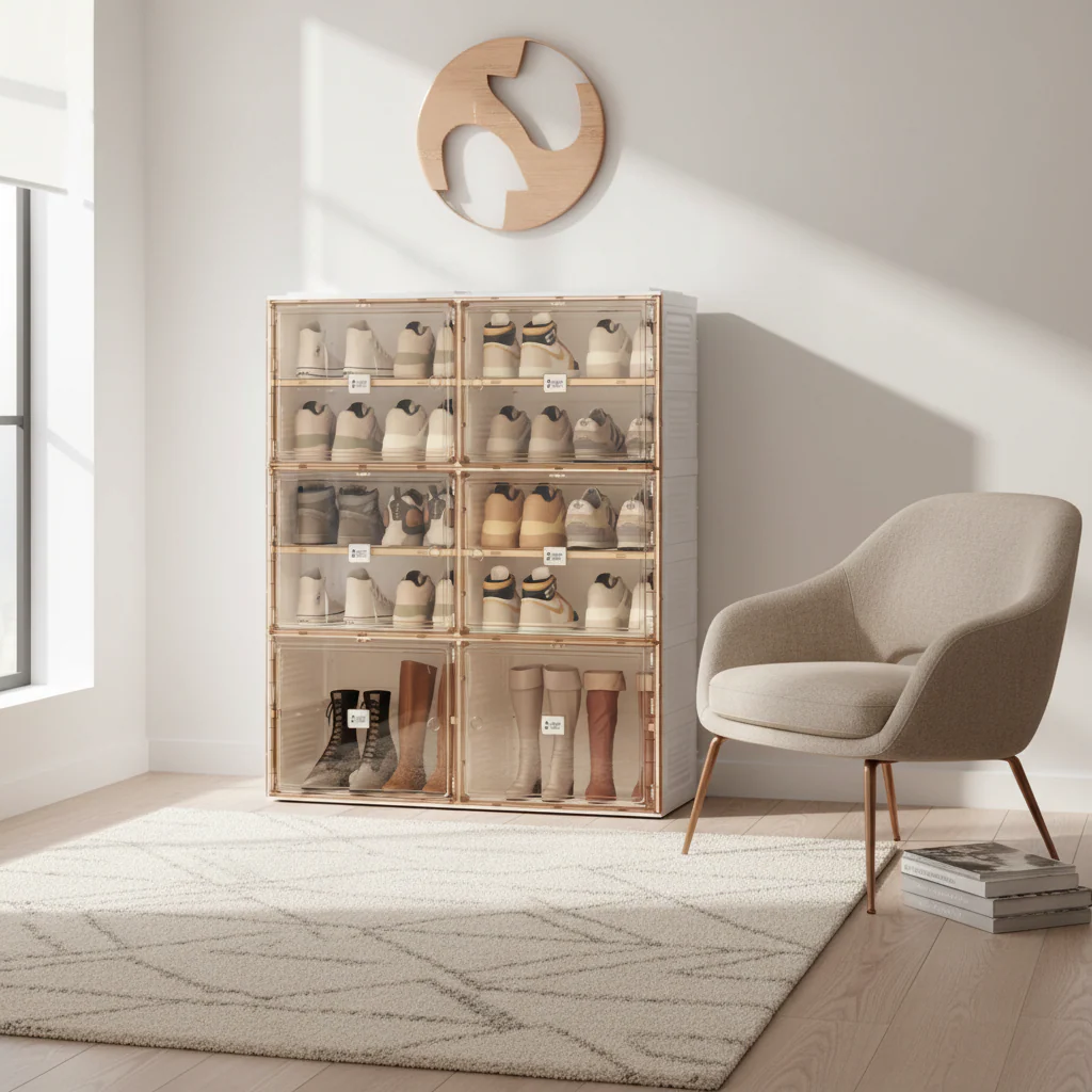 Brown Stackable Shoe Storage Cabinet with Doors & Shelves – Single Unit