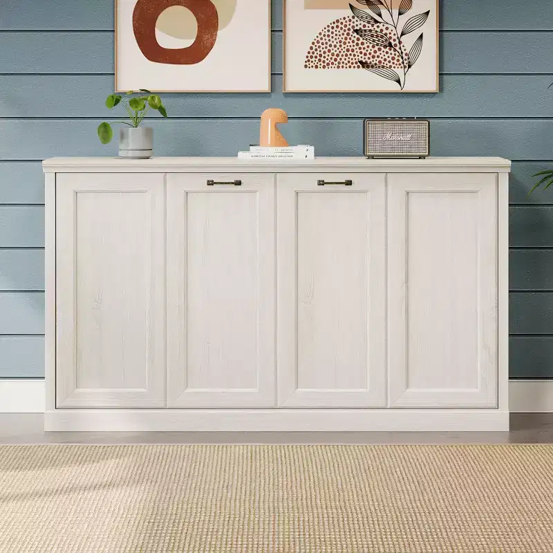 Twin Size Murphy Bed with Side Cabinet Bookshelf, Hideaway Wall Bed, Folding into Cabinet, Rustic White - ModernLuxe