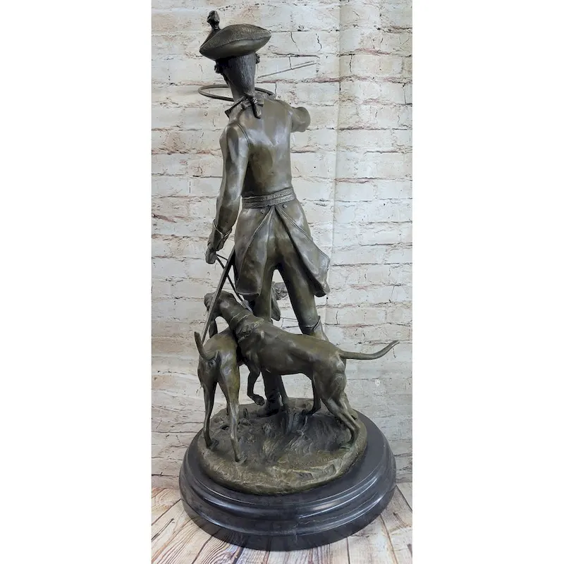 Military Bugler With Hound Imitative Dogs Bronze Statue Sculpture On Marble Base 26 Inches X 19 Inches