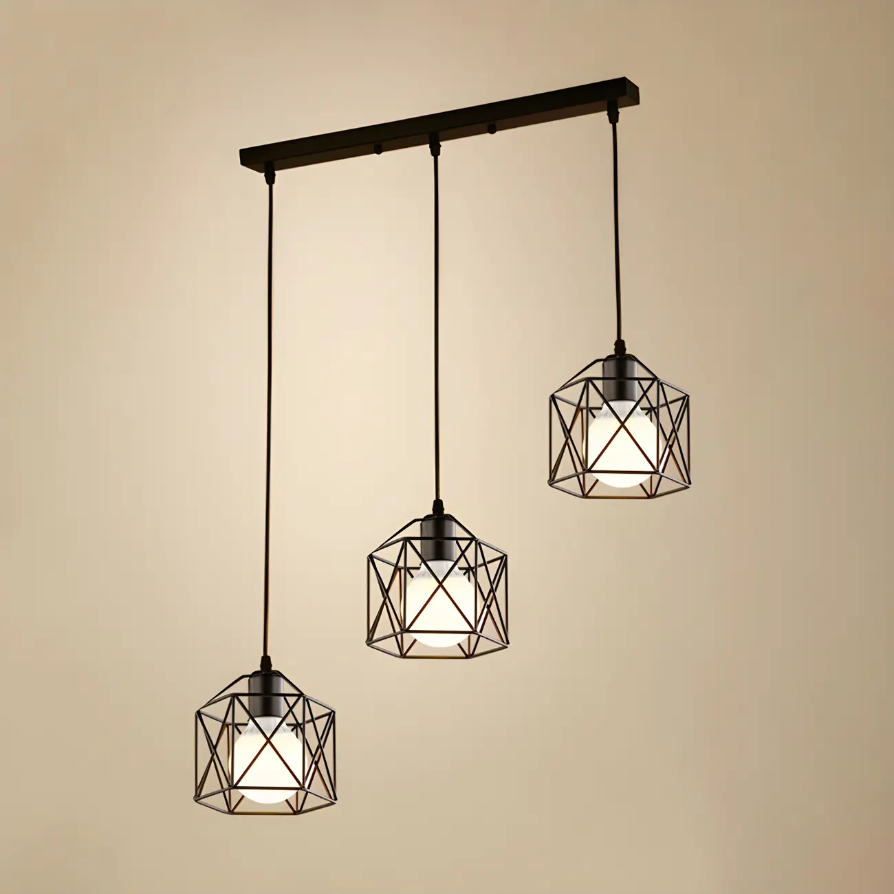 Industrial Black Metal Geometric Island Pendant Light for Kitchen