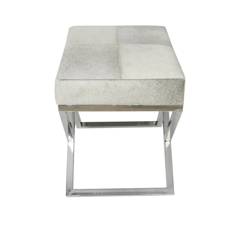 Leather Geometric Home Bench with Angled Silver Metal Base - Light Grey