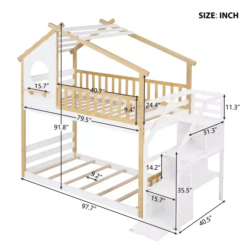 Twin over Twin Bunk Bed with Stairs, Stairway House Bunk Bed Frame with Storage and Guard Rail for Kids Girls Boys, White