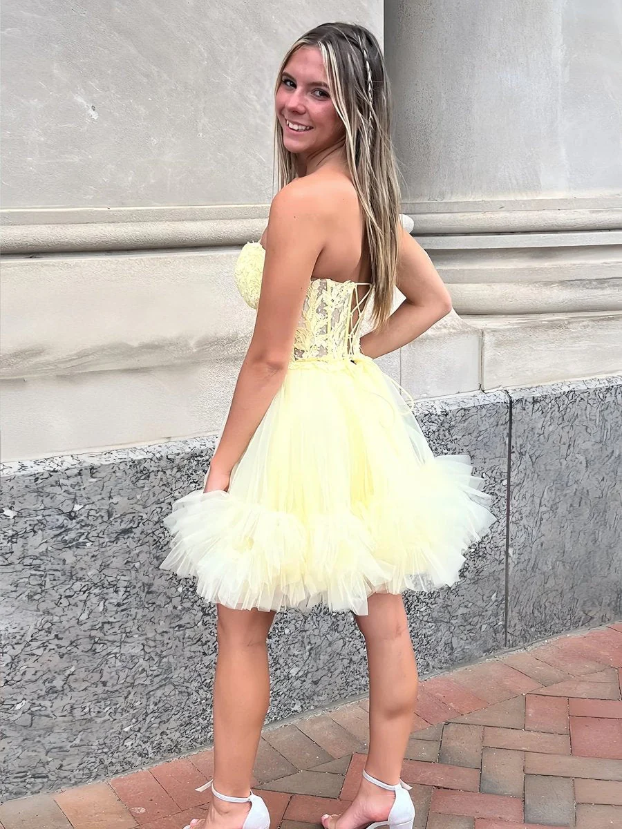 Yellow - A-Line Sweetheart Ruffle Tulle Homecoming Dress With Appliques