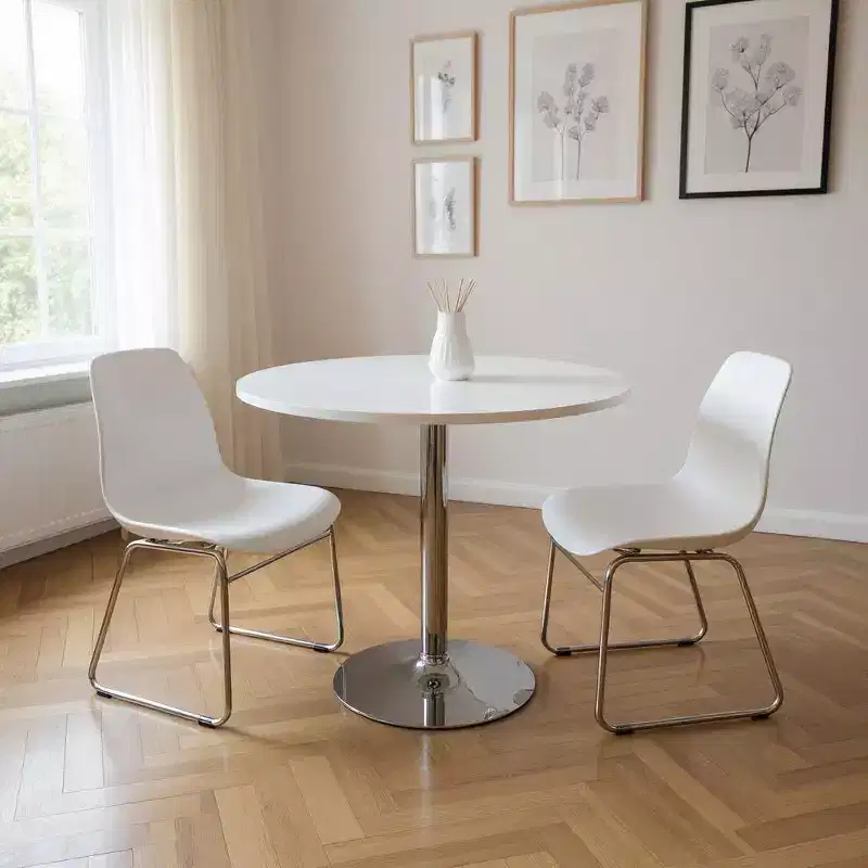 HomeRoots 36 White and Silver Wood and Metal Pedestal Base Round Top Dining Table
