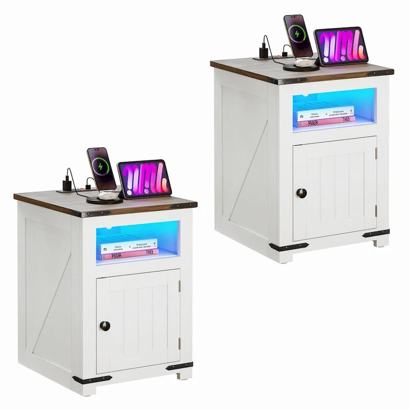 Set of 2 Farmhouse LED End Tables with Charging Station and USB Ports