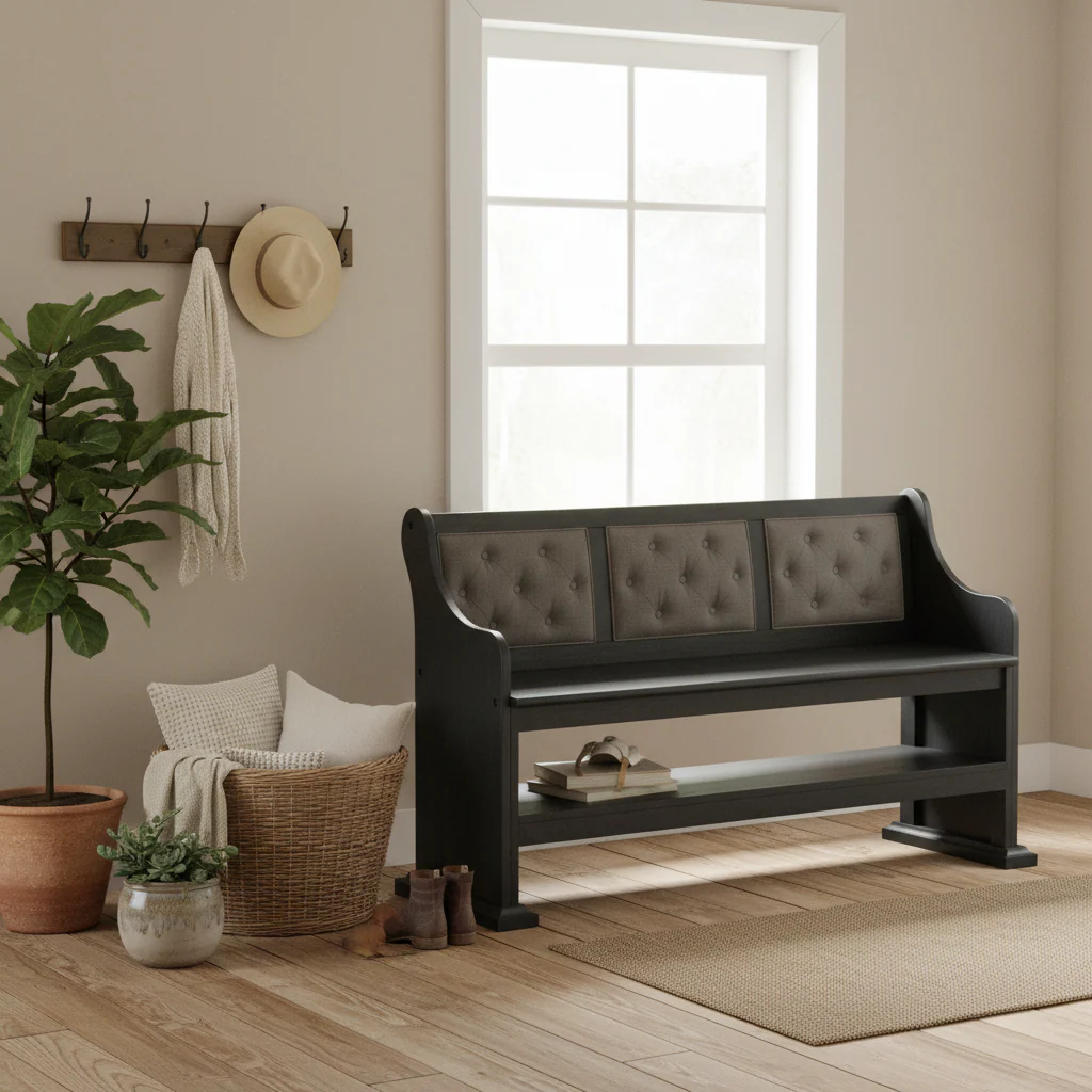 Upholstered Counter Height Dining Bench with Tufted Backrest - Rustic Style (Dark Grey/Beige)