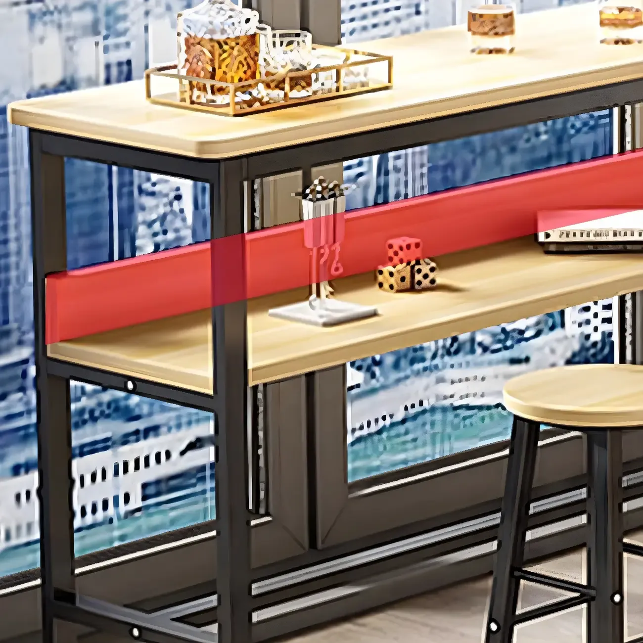 Modern Wooden Metal Base Shelf Bar Table with Footrest