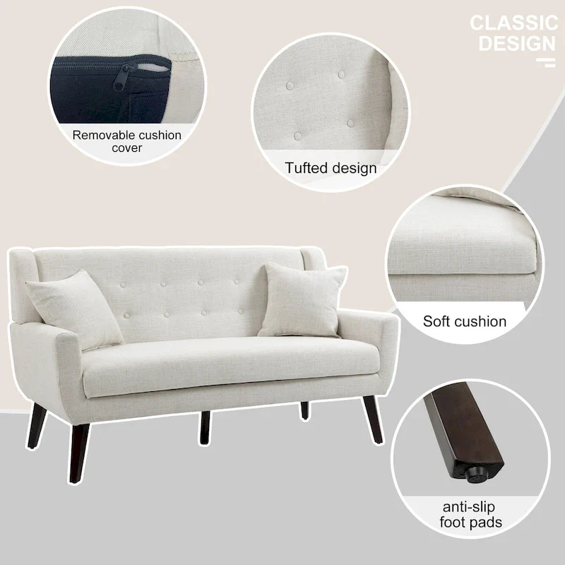 Modern Curved 63 Button Tufted Upholstered Loveseat with 2 Pillows