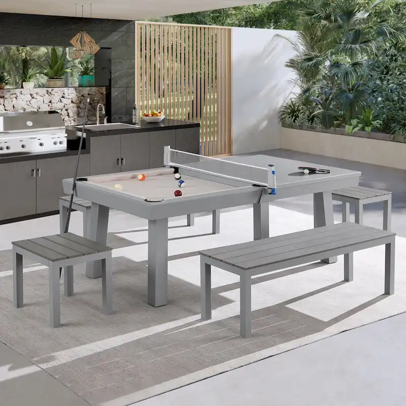 Newport Outdoor Patio 7ft Slate Pool Table 6-Seater Dining Set with 4 Benches & Accessories, Cement Finish