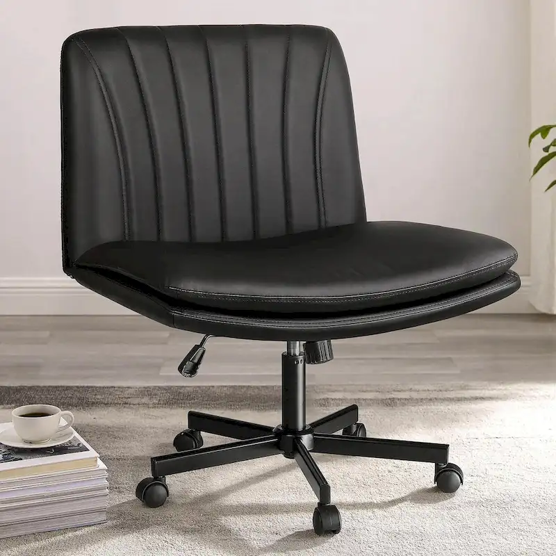 Cross Chair with Wheels,PU Leather Armless Cross Legged Office chair, Adjustable Wide Seat Task Vanity Chair