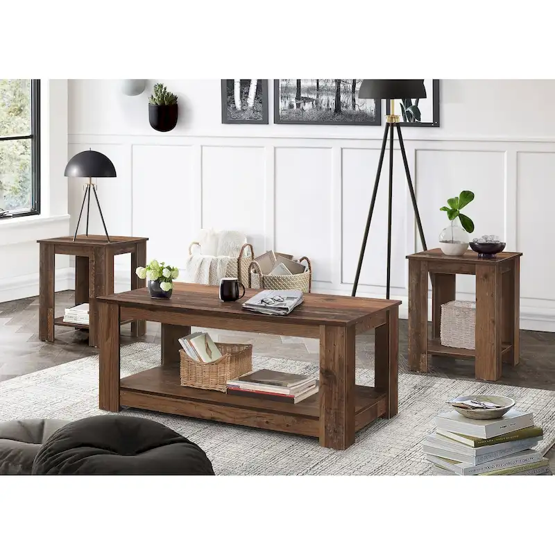3-Piece Coffee Table Set, Vintage Oak / Brown & Light Grey, Open Shelf
