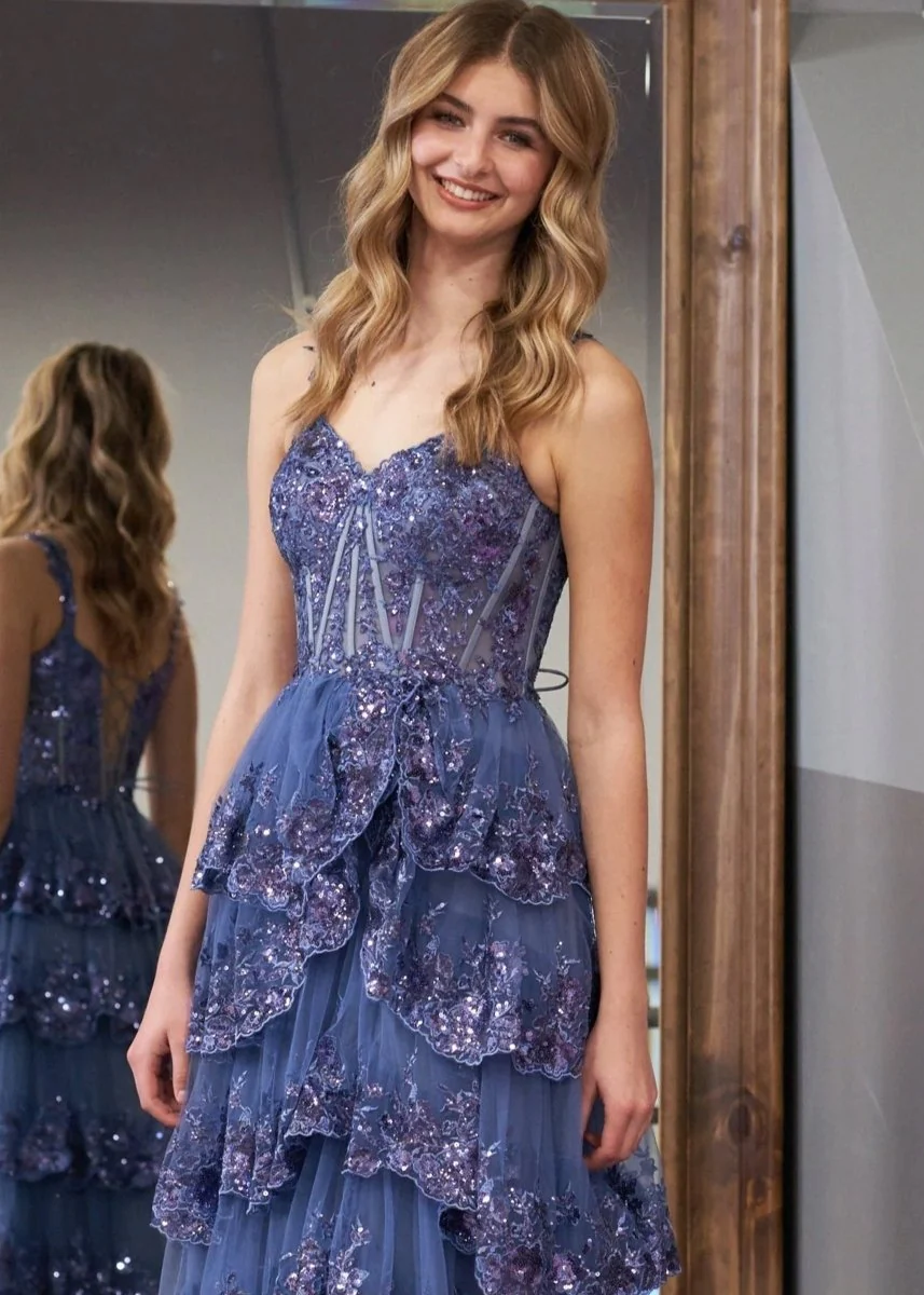 A-Line Lace Off-the-Shoulder Tiered Long Prom Dress with Slit