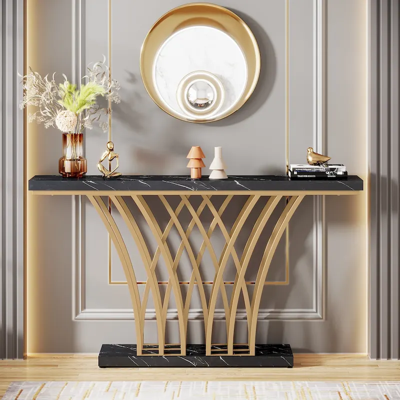 White Faux Marble Console Table with Gold Metal Frame for Entryway