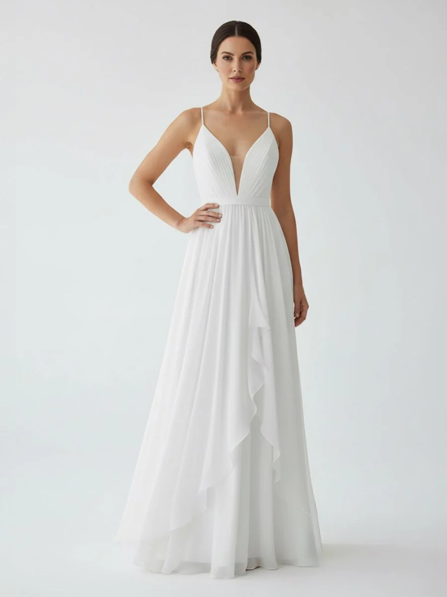 A-Line V Neck Straps Spaghetti Sheath Chiffon Wedding Dress