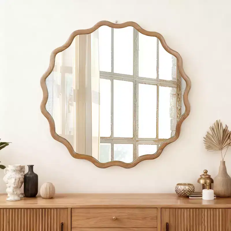 Natural Wood Color 30 inch Wavy Round Solid Wood Frame Decorative Mirror,For Bedroom, Bathroom, Living Room, Entryway
