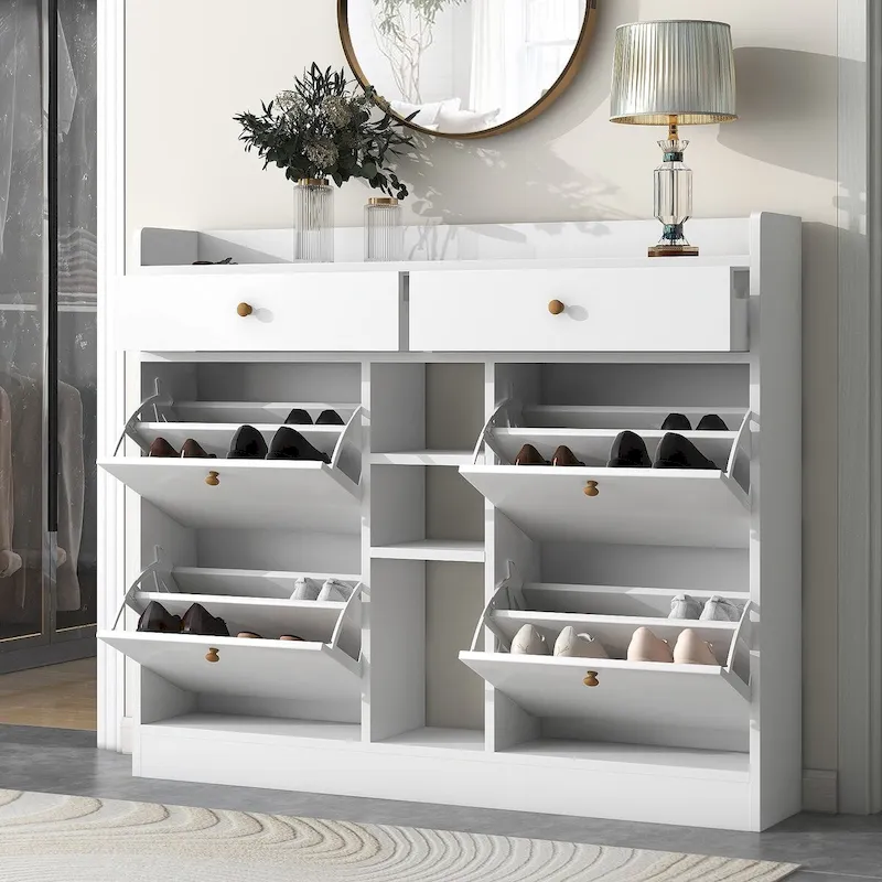 2-Tier Shoe Rack Cabinet with 4 Flip Drawers White Free Standing Storage Organizer 50.7W x 42.5H Modern Minimalist