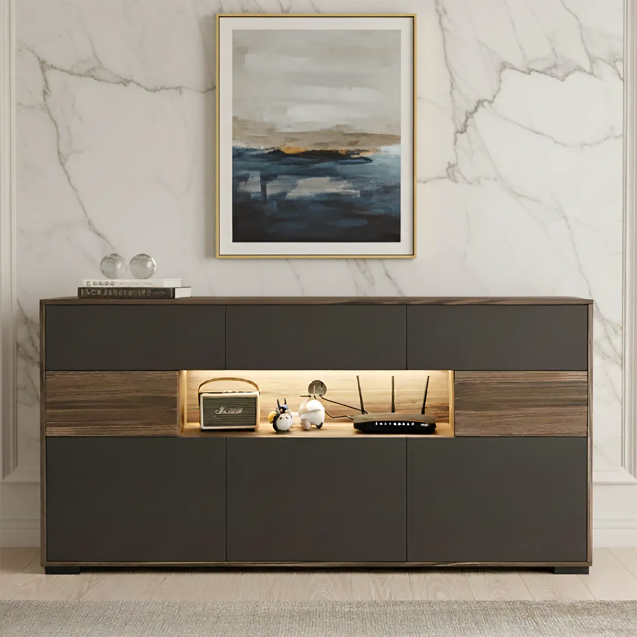 63 Black Wood Cabinet TV Stand with Open Shelving and Lights