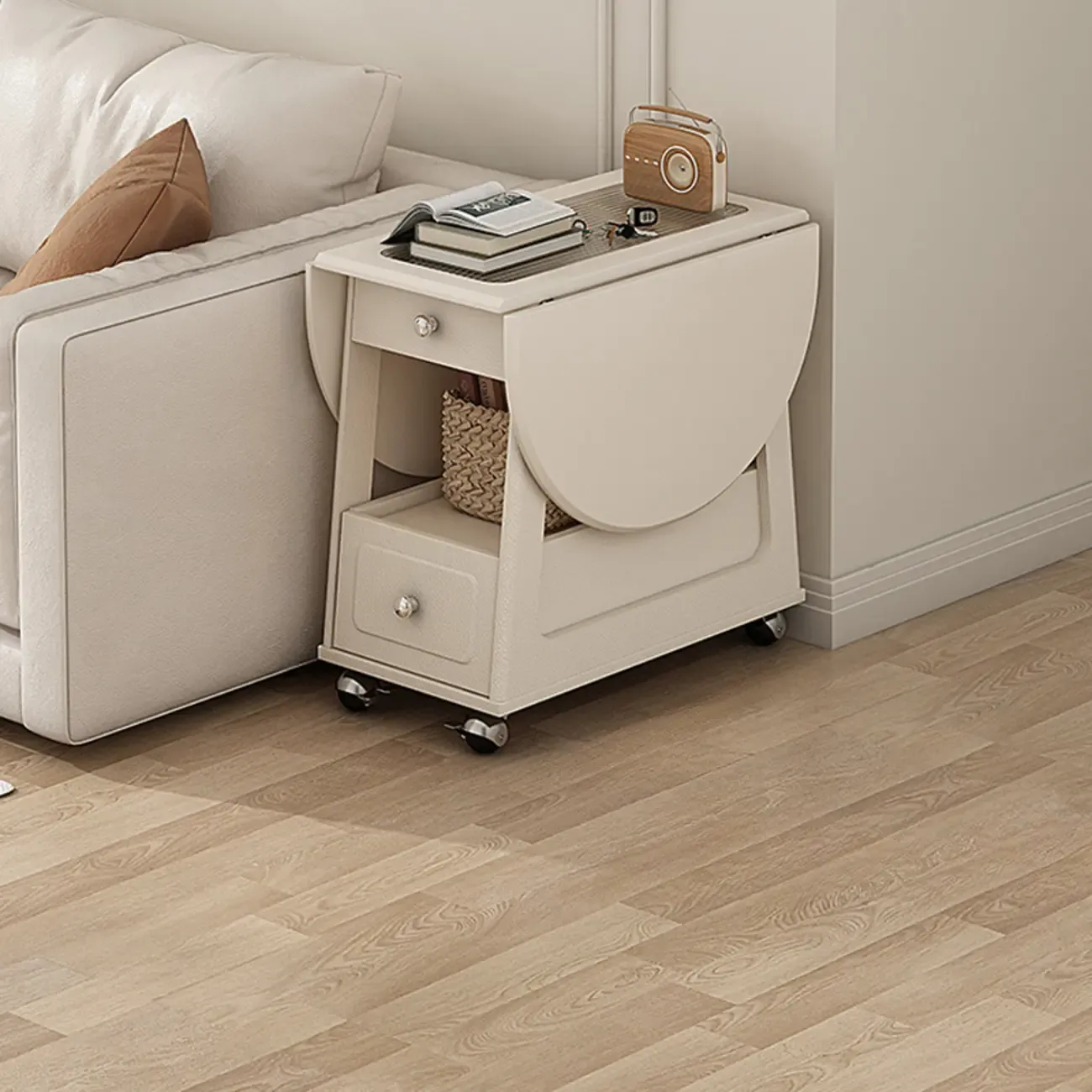 Foldable Wood White Modern Wheeled Small Side Table