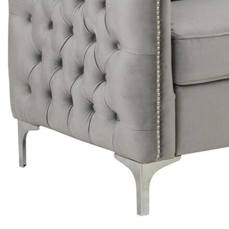 Joel 73 Inch Modern Sofa with 3 Pillows, Tufted Gray Velvet, Silver Legs
