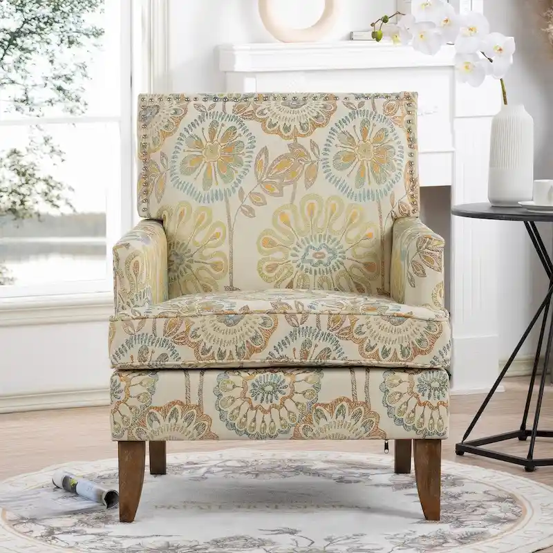 Fabric Upholstered Accent Chairs with Wood Legs