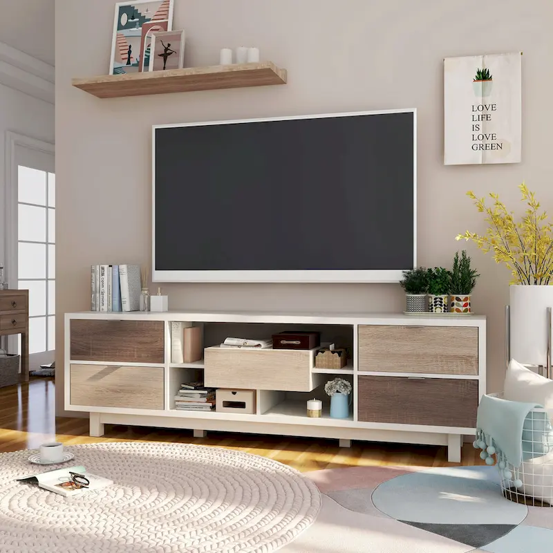 Mid-Century Modern White 70-Inch TV Console with Drawers and Cabinets