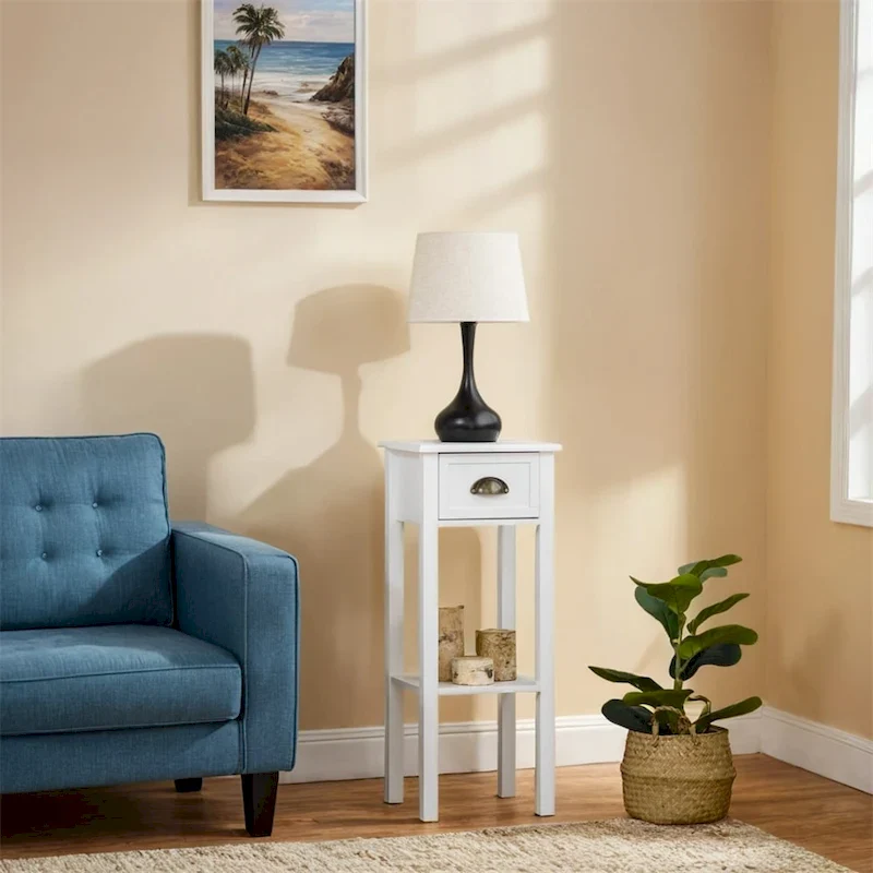 2-Tier Narrow Side Table with Drawer and Bottom Shelf