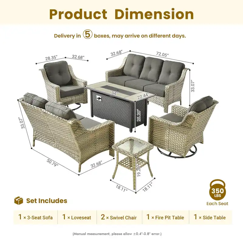 XIZZI 6-piece Patio Wicker Furniture Set with Fire Pit Table