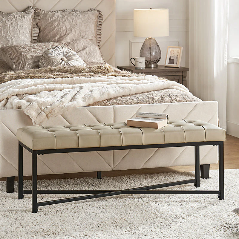 Top-Layer Leather Button-Tufted Storage Bench with Flip Top & Metal Legs | Beige / Black / Brown | Single