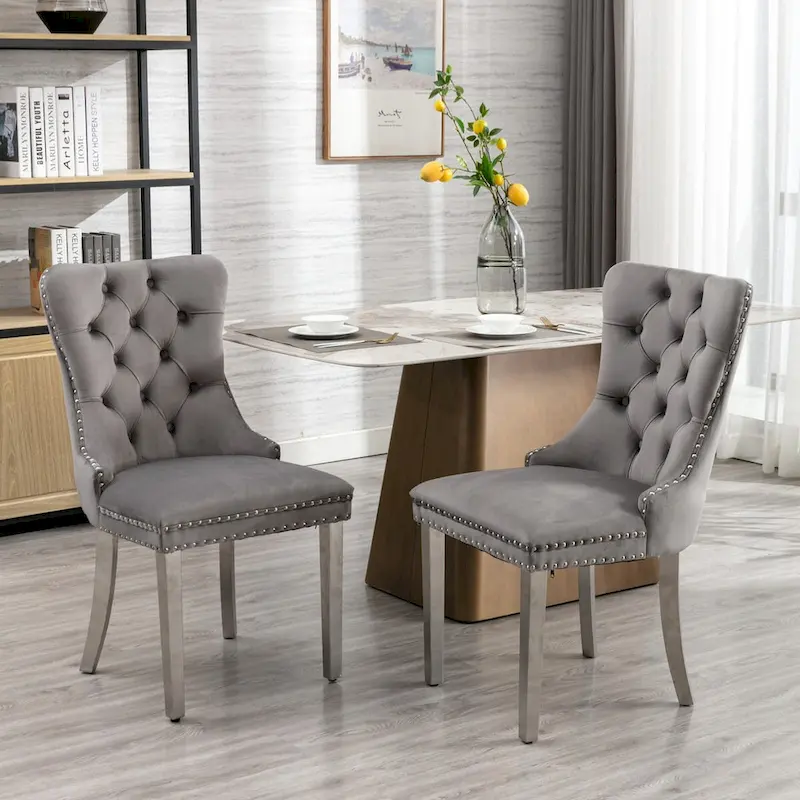 Velvet Dining Chair with Nailhead Trim and Chrome-Plated Stainless Steel Legs