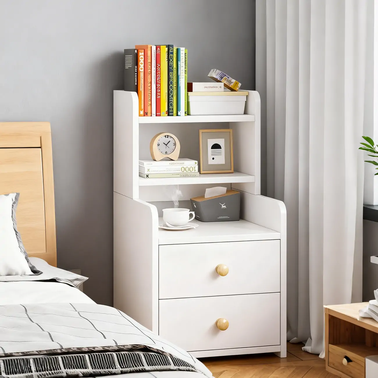 Modern Tall Wood Spacious Shelves 2-Drawer Nightstand