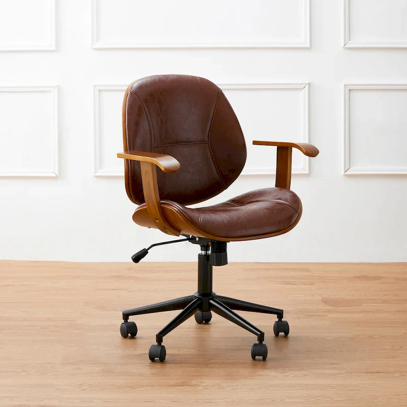 PU Leather Swivel Office Chair with Bamboo Armrests – Cocoa / Brown / Black, Mid-Back, Single User