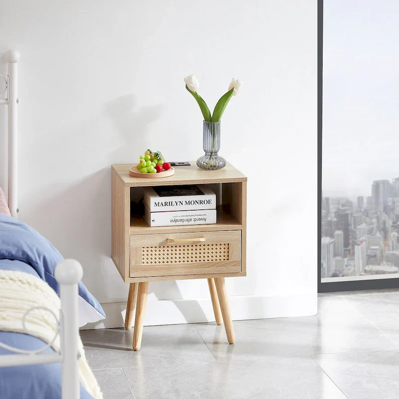 Natural/White/Black Rattan End Table with Drawer & USB Ports, 1-Person Nightstand