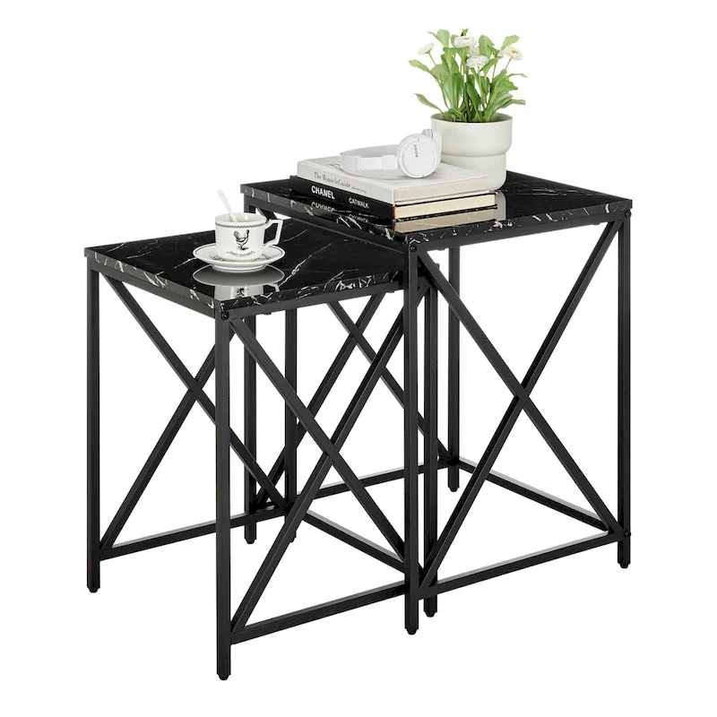 Modern Square Marble Finish Veneer Top Black Metal Frame Nesting End Tables - Set of 2