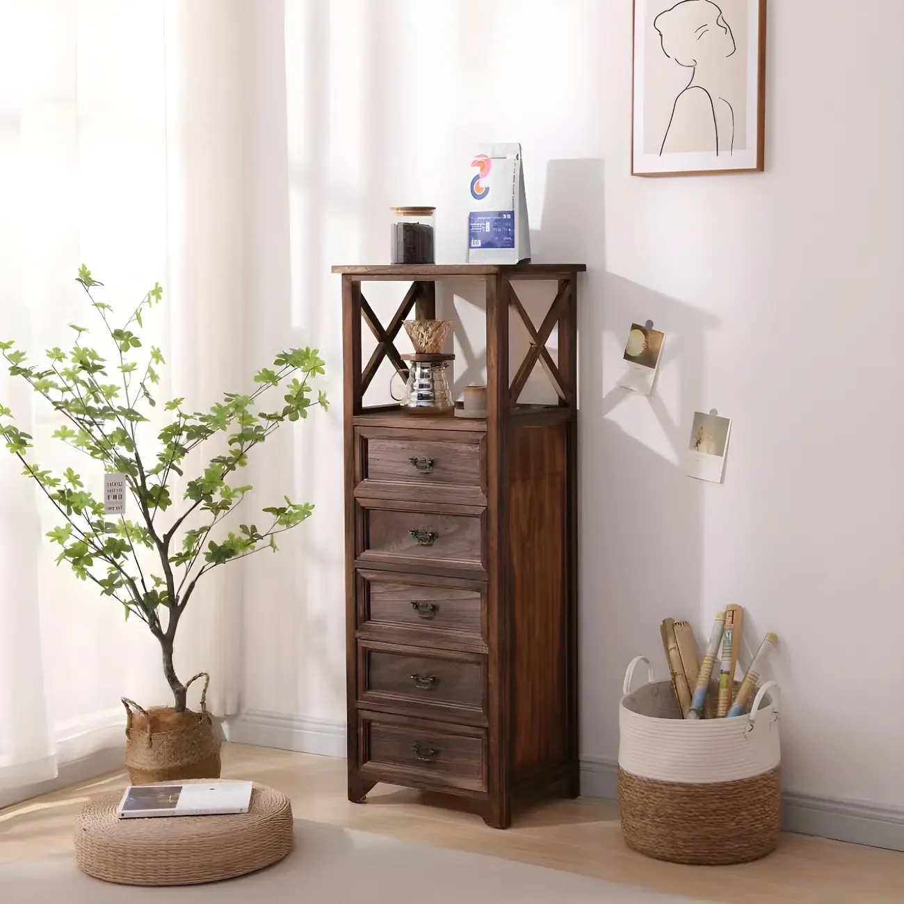 Industrial Rectangular Brown Wooden Drawer Cabinet