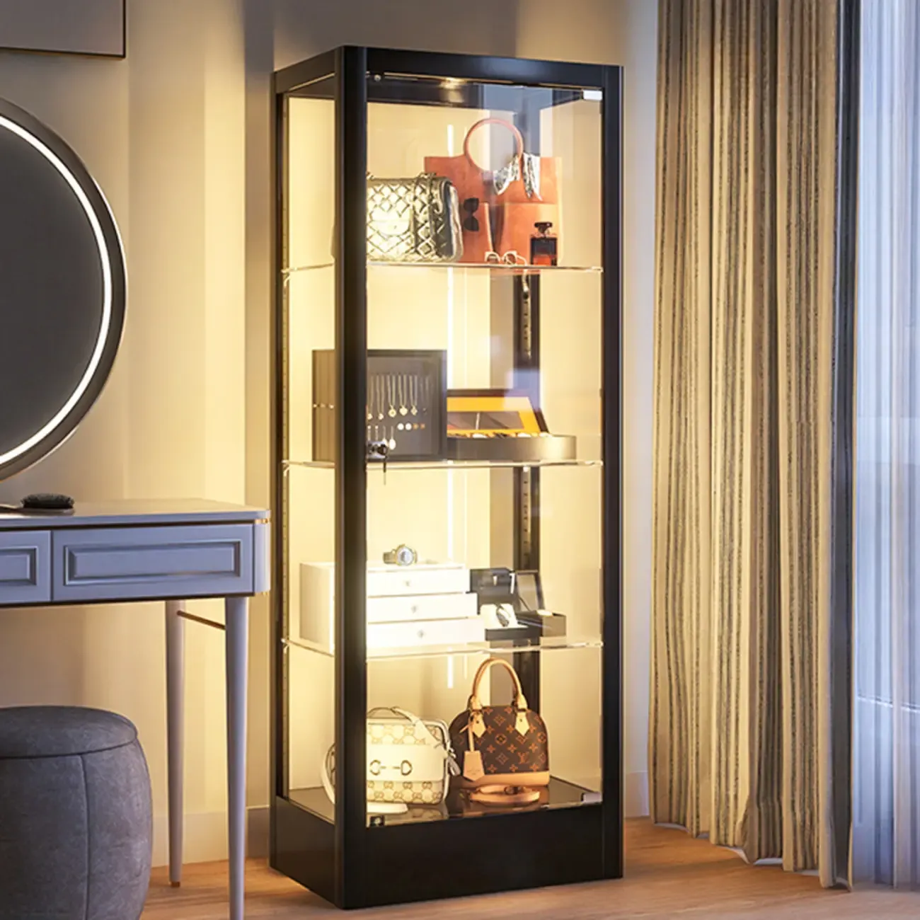 Enclosed Black 5-Shelf Metal Curio Cabinet with Light