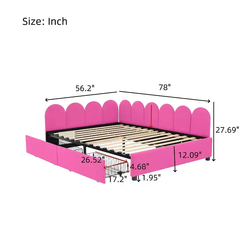 Bellemave Full Size Upholstered Daybed with 2 Storage Drawers, Velvet L-Shape daybed, upholstered daybed for Bedroom Living Room,Rose Red