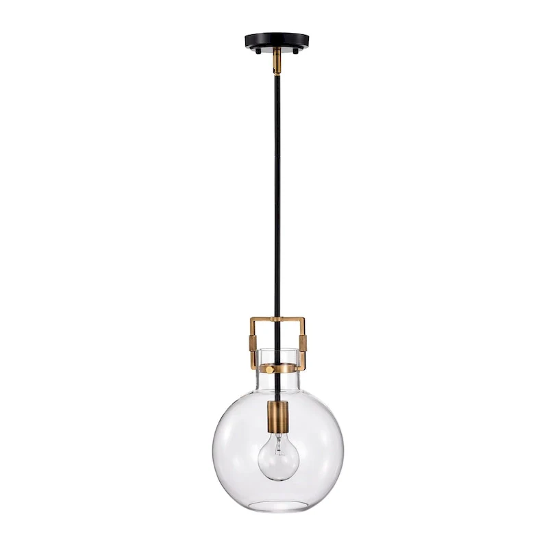 Black and Antique Gold 1-Light 10 Inch Globe Shaped Clear Glass Pendant