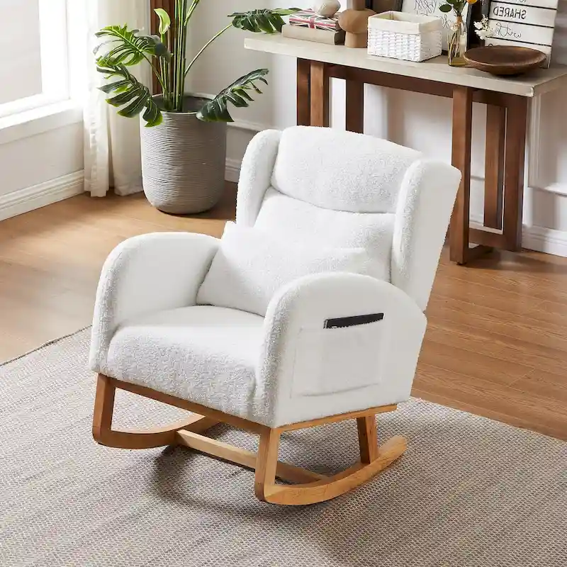 Modern Accent High Backrest Living Room Lounge Arm Rocking Chair, Two Side Pocket
