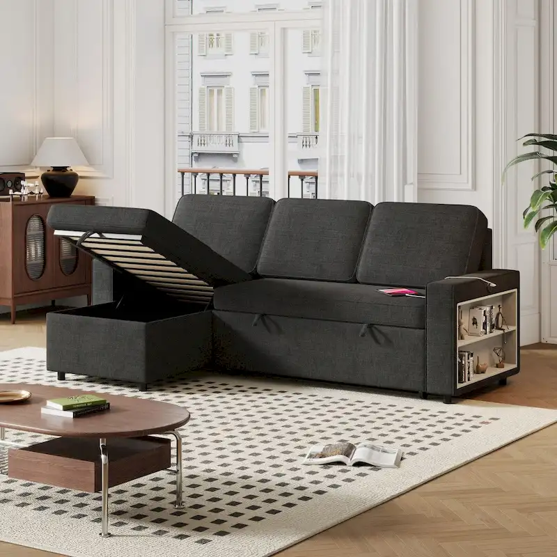 85.8 Inch Pull Out Sleeper Sofa, L-shaped Couch with USB Port & Storage Racks