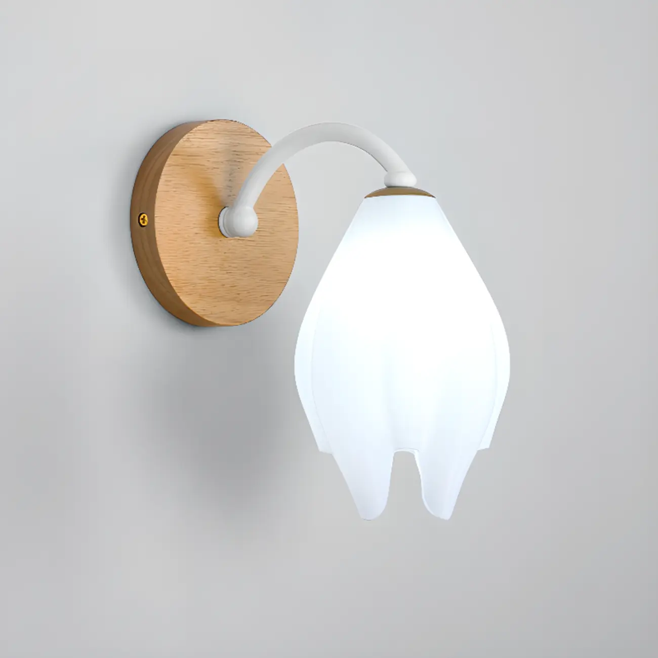 Modern White Tulip Wall Sconce with Wooden Base for Bedroom