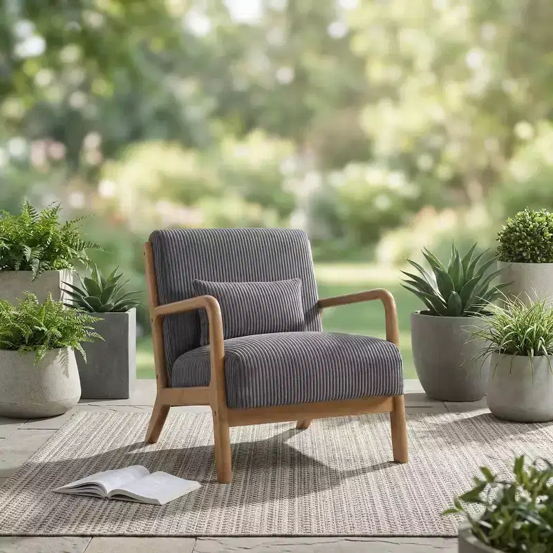 FurnitureR Corduroy Accent Chair with Solid Wood Frame, Upholstered Lounge Armchair with Pillow, Mid Century Reading Chair for Living Room Bedroom