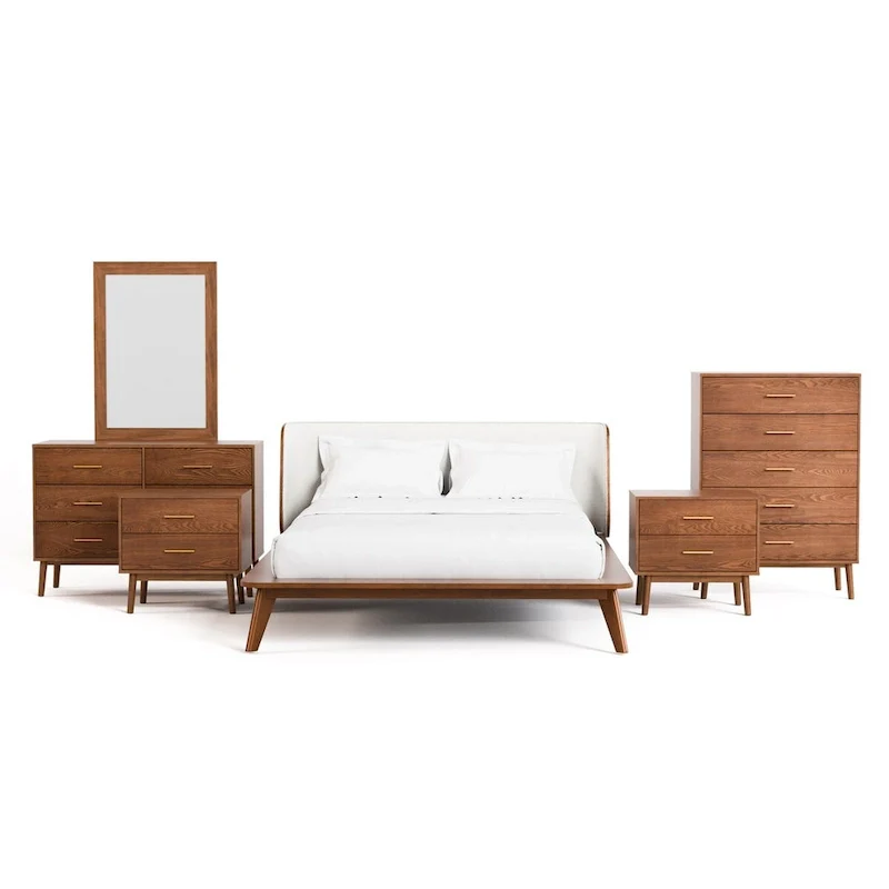 Beau Midcentury 6-Piece Boucle Wingback Queen Low Profile Bedroom Set
