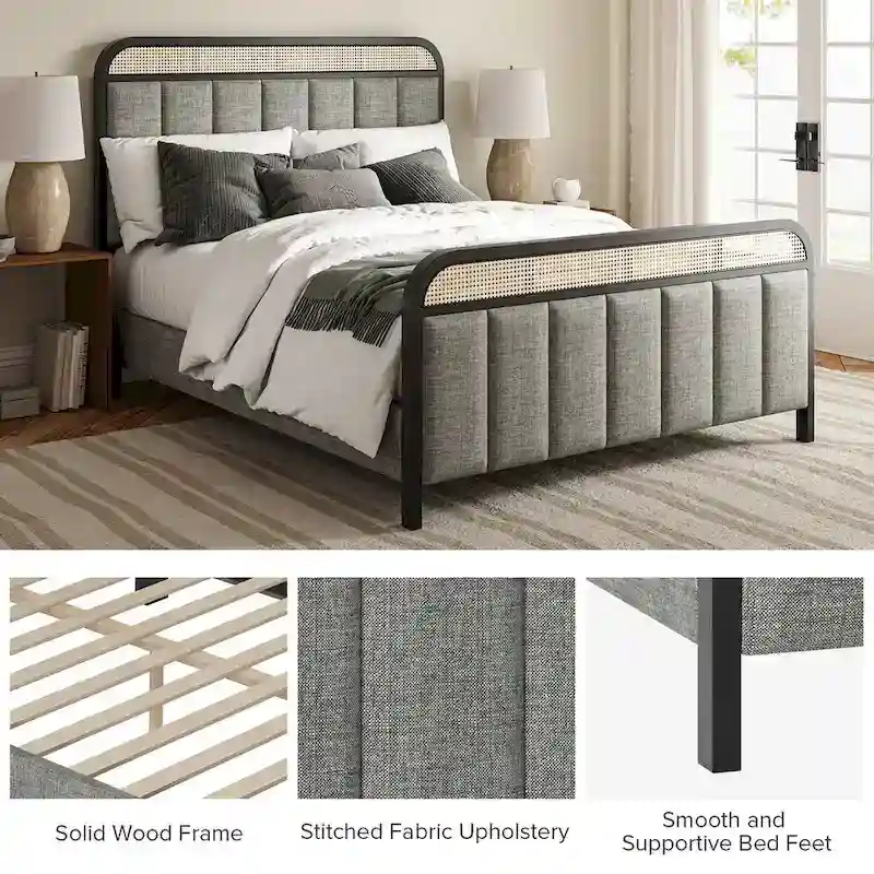 Alphons Modern Solid Wood Frame Ratten Bed with LED Headboard by HULALA HOME