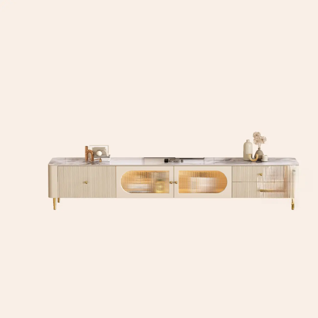 White Modern Marble Long TV Stand with Shelf